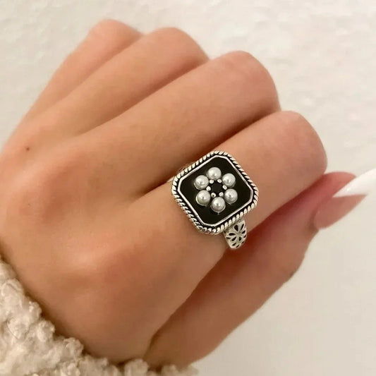 925 Sterling Silver Chunky Ring Statement Ring Pearl Ring Pearl Flower Ring