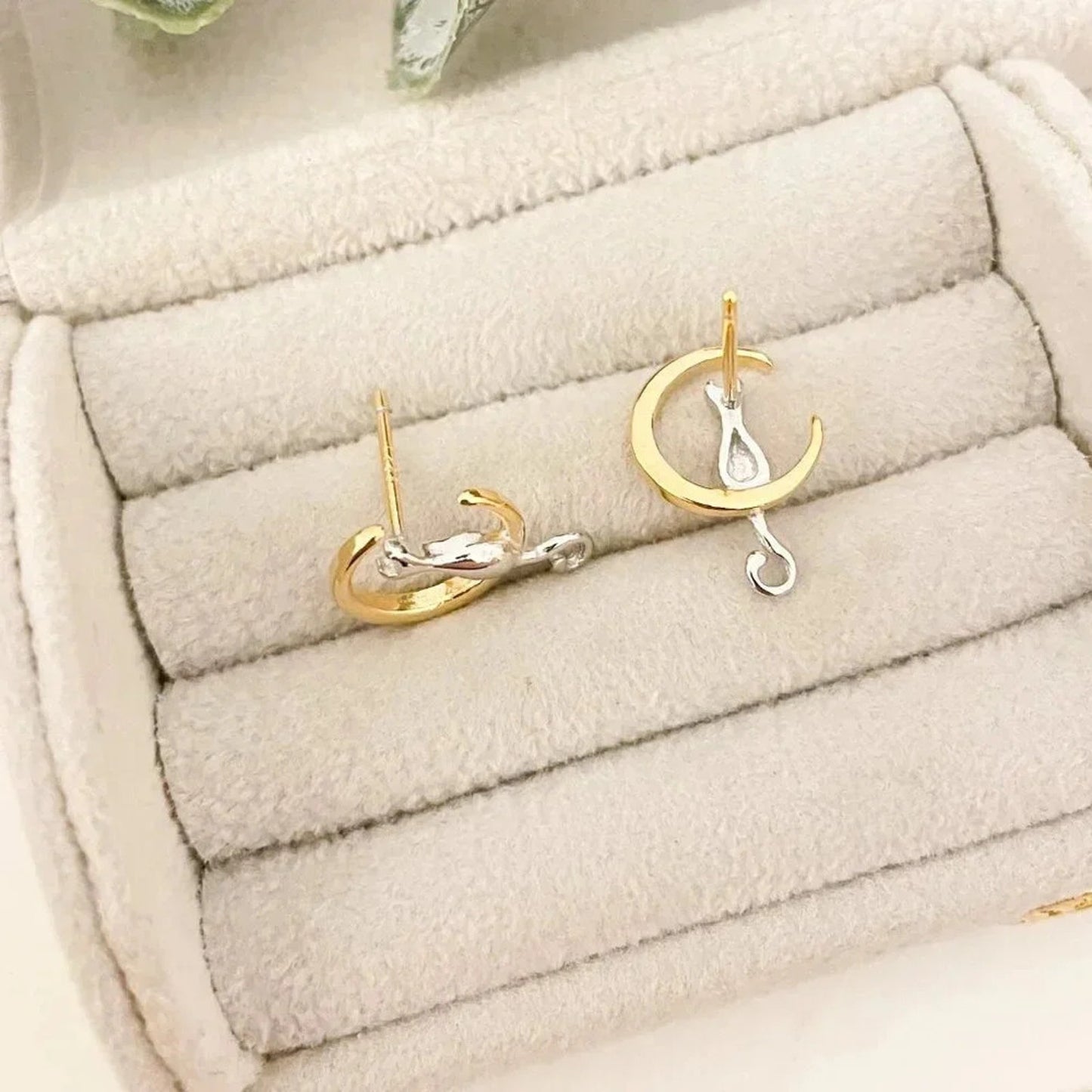 925 Sterling Silver Tiny Cat Studs Two Tone Earrings Cat Studs Moon & Cat