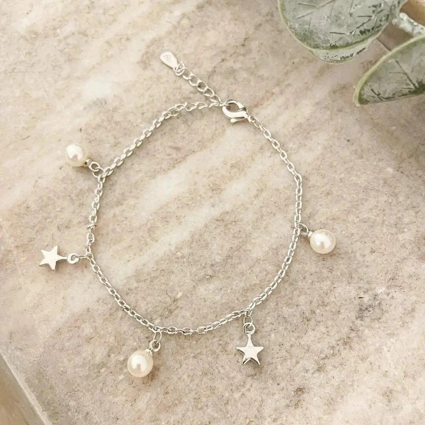 925 Sterling Silver Pearl & Star Charm Bracelet Dainty Bracelet Pearl Bracelet