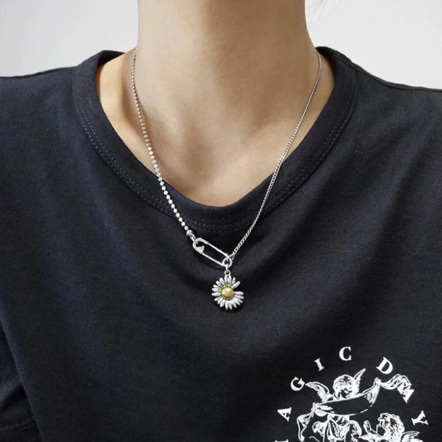 925 Sterling Silver Sunflower Necklace Modern Flower Necklace Paperclip Necklace