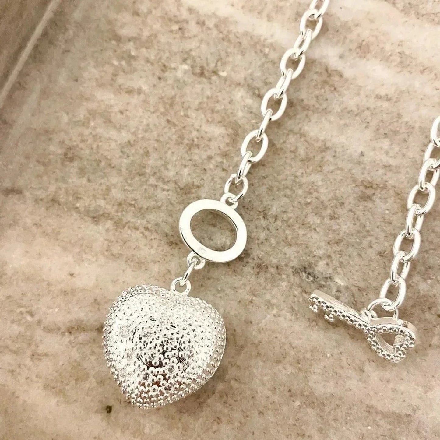 925 Sterling Silver Chunky Heart Necklace Heart and Key Toggle Chain Necklace