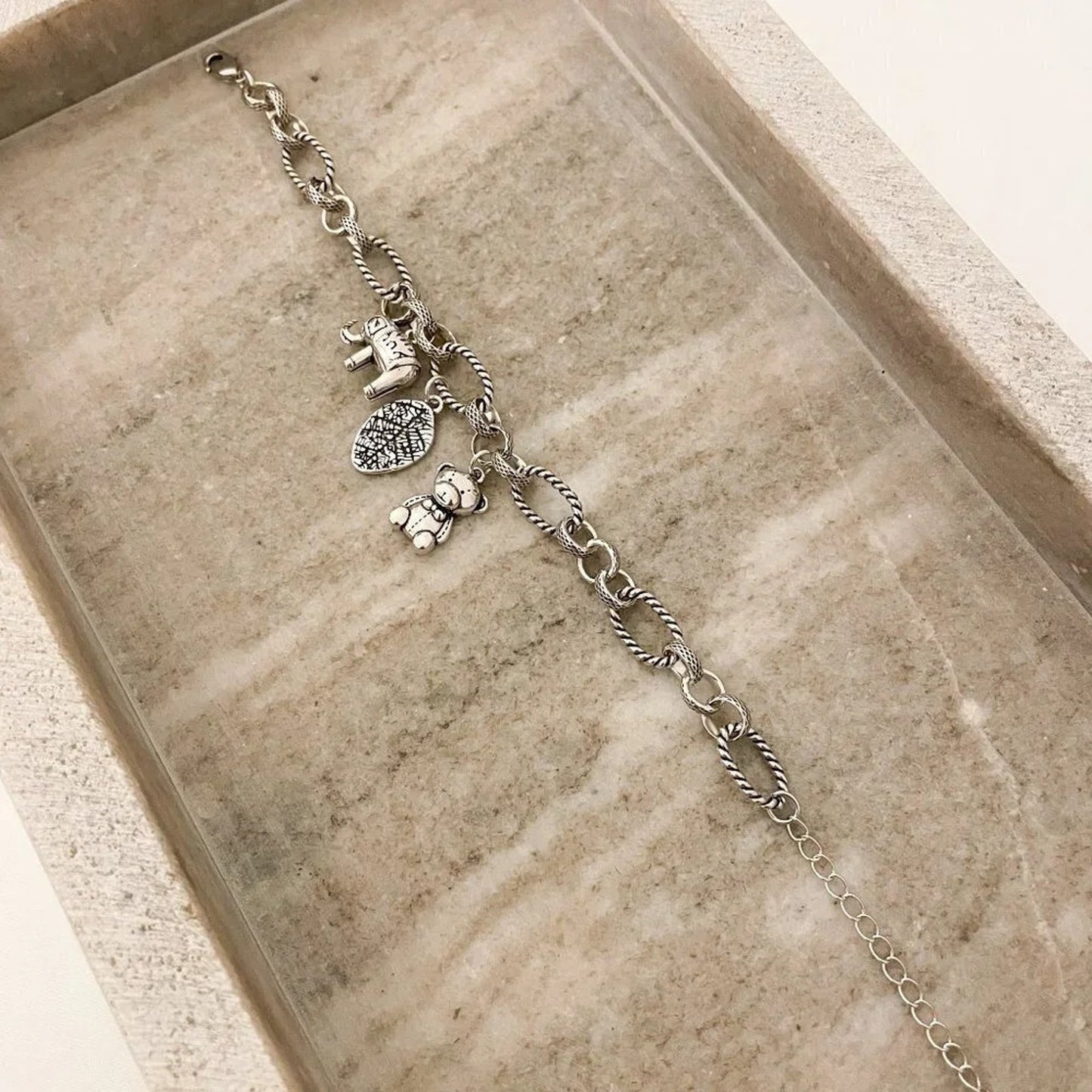 925 Sterling Silver Elephant Bear Leaf Charm Bracelet Chain Link Bracelet