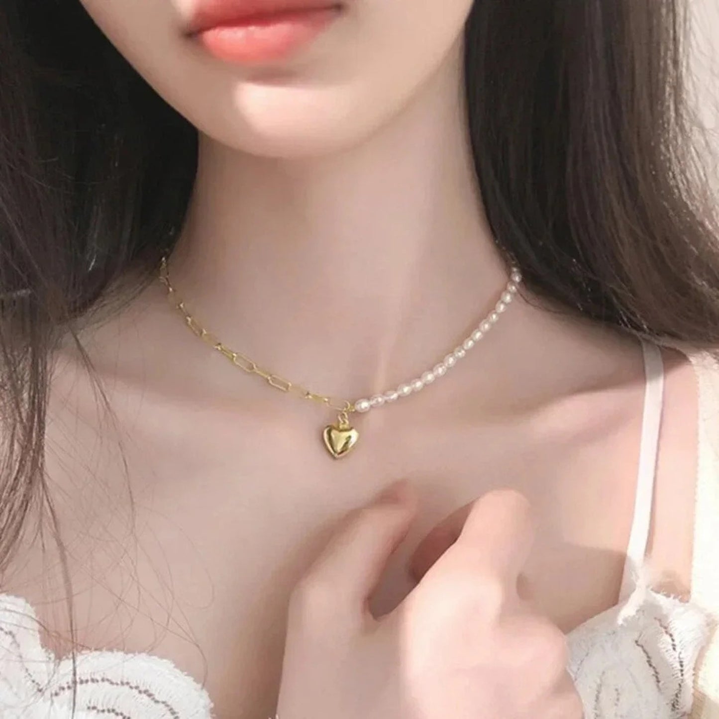 925 Sterling Silver Gold Paperclip Necklace Pearl Dainty Choker Necklace