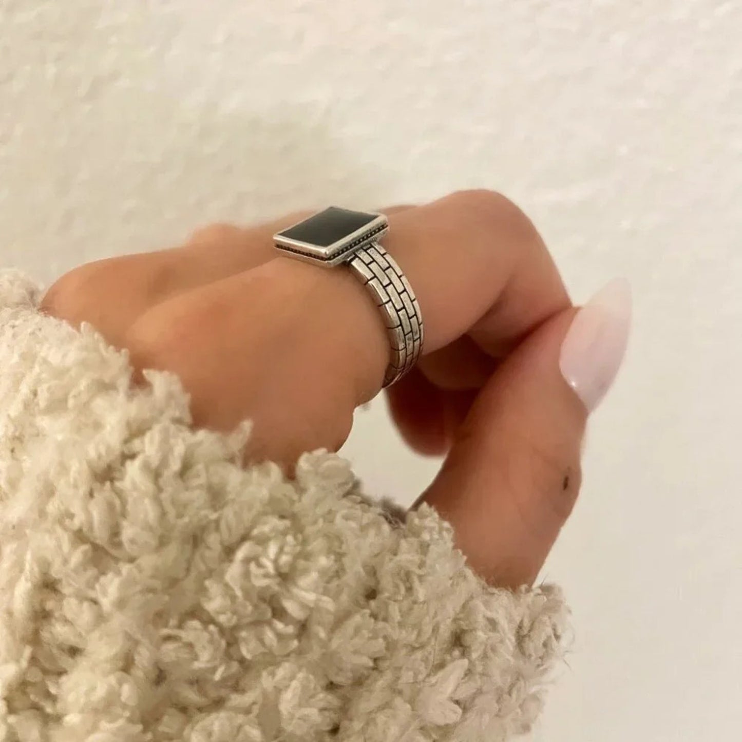 925 Sterling Silver Dainty Black Square Ring Minimalist Stackable Ring