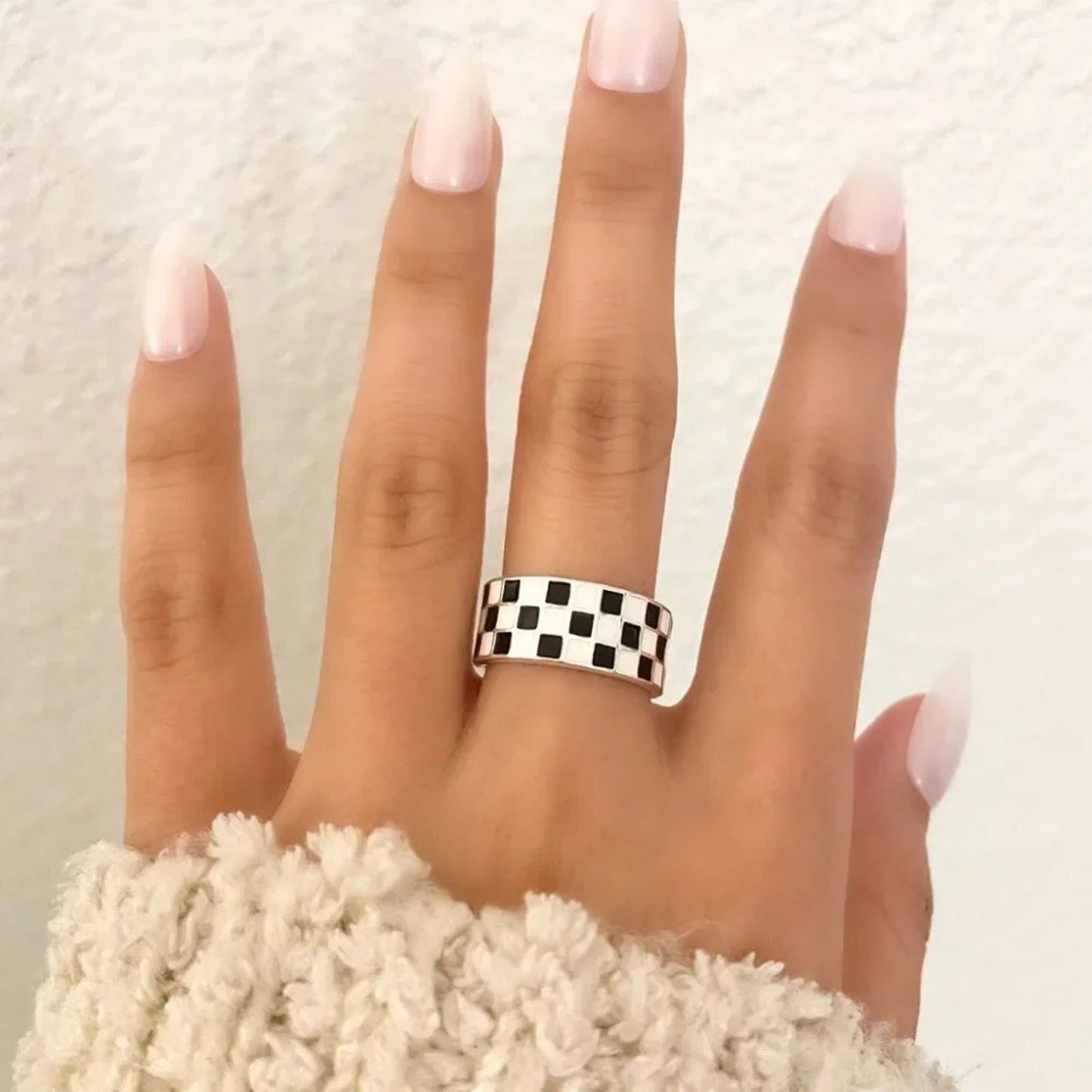 925 Sterling Silver Black & White Checkered Ring Minimalist Ring