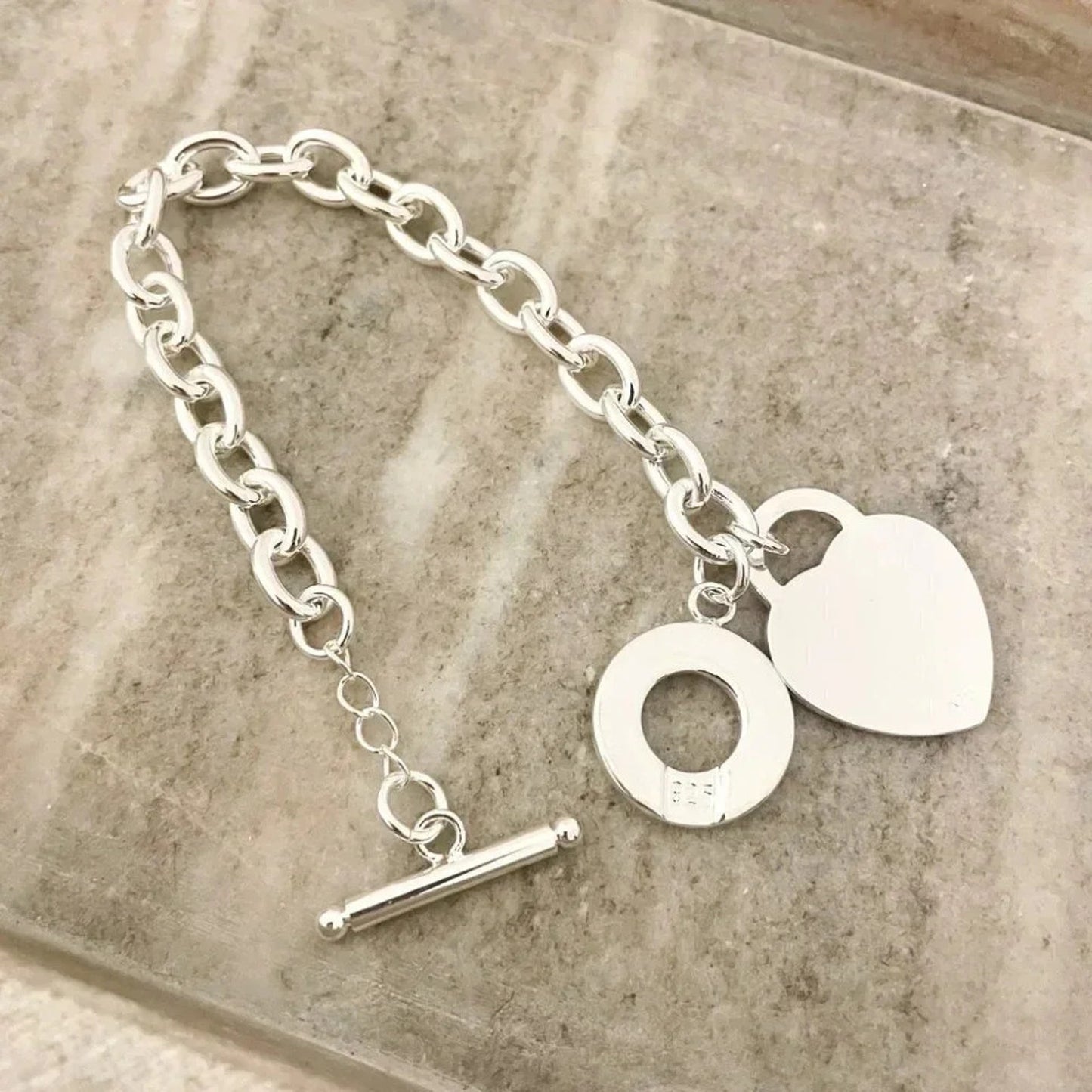 925 Sterling Silver Bead Heart Toggle Bracelet Chunky Thick Bold Link Bracelet