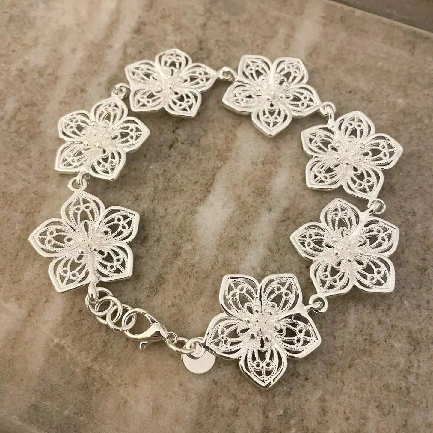 925 Sterling Silver Large Flower Bracelet Big Statement Bracelet