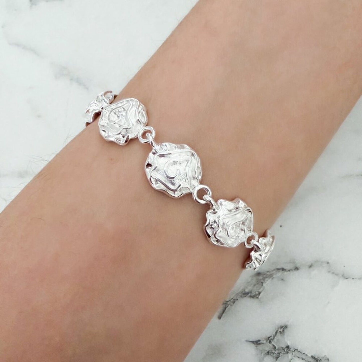925 Sterling Silver Flower Chain Link Bracelet