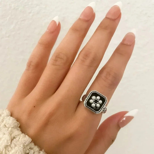 925 Sterling Silver Chunky Ring Statement Ring Pearl Ring Pearl Flower Ring