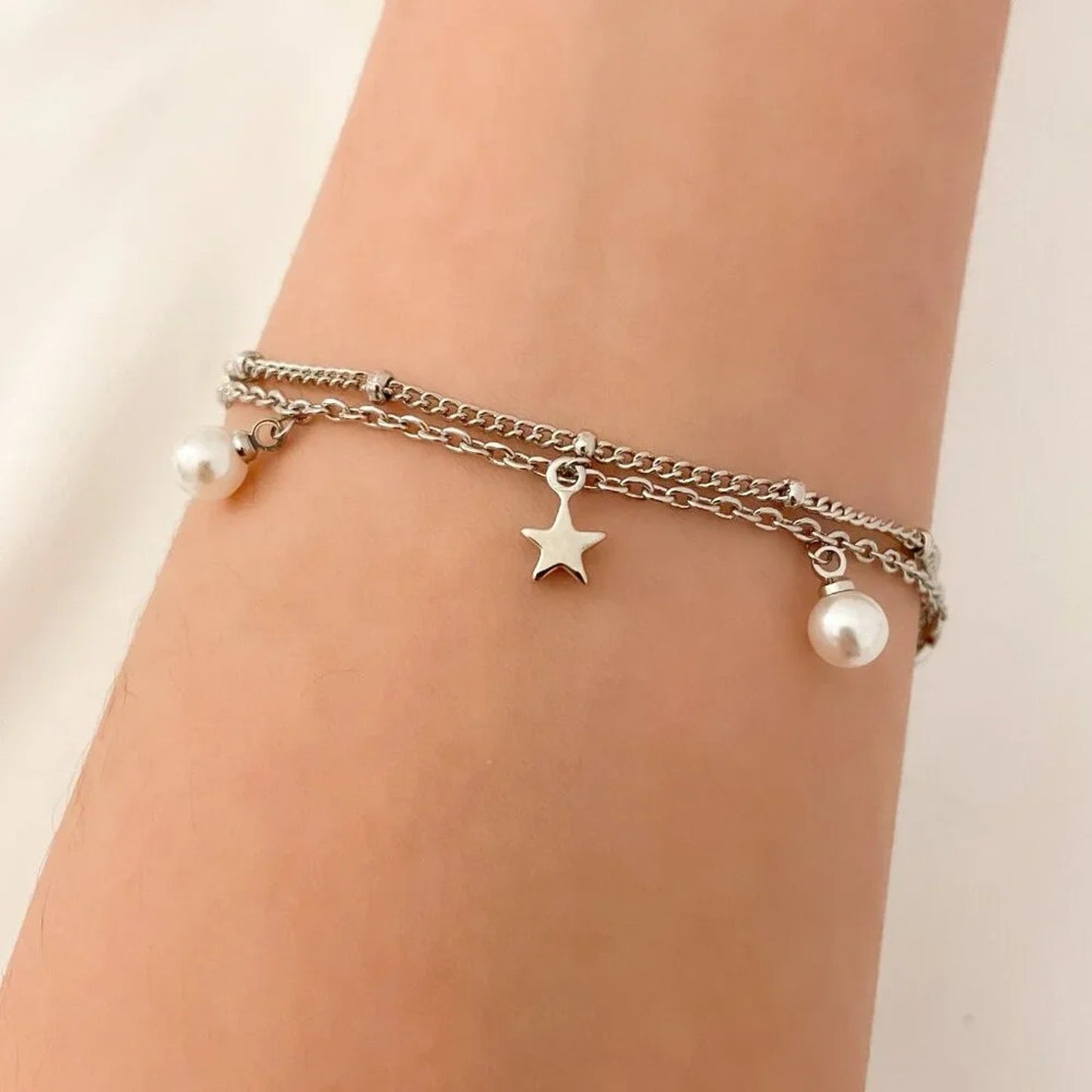 925 Sterling Silver Pearl & Star Multi Layer Bracelet Dainty Bracelet