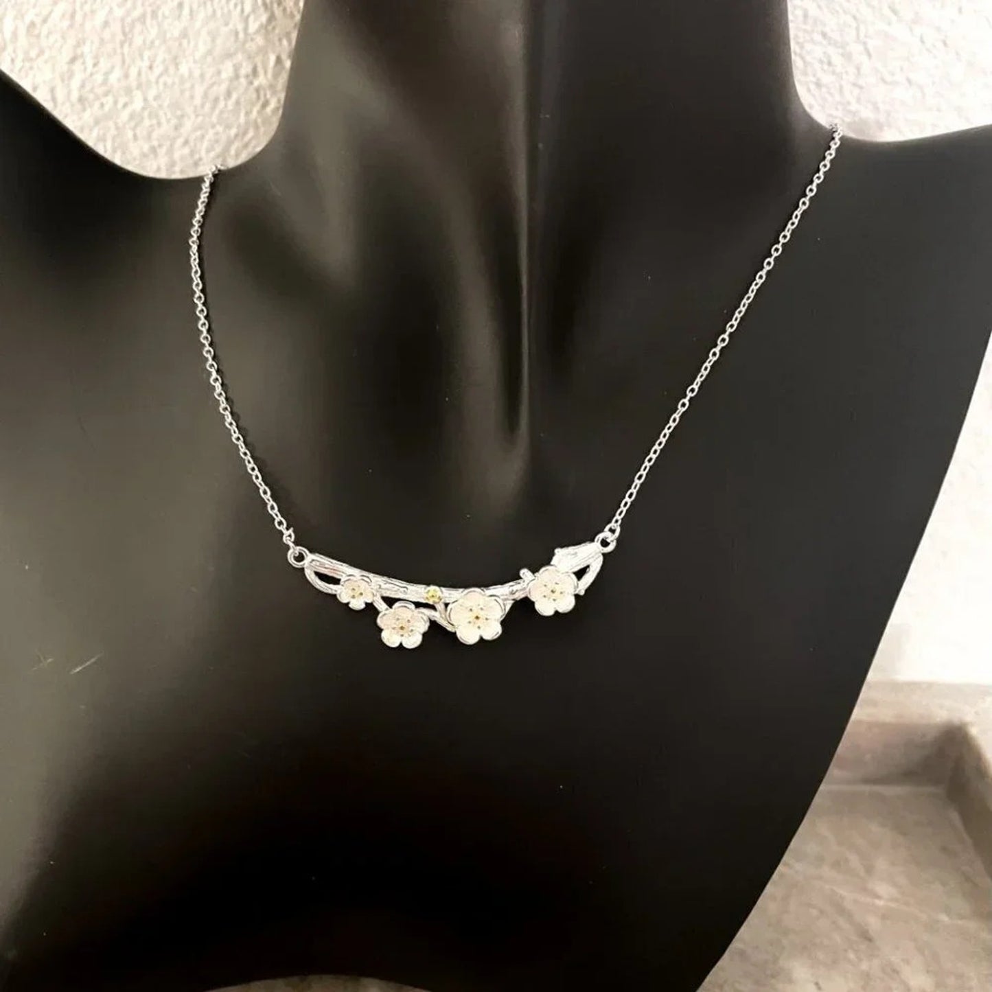 925 Sterling Silver Flower Bar Necklace Flower Necklace Branch Twig Necklace