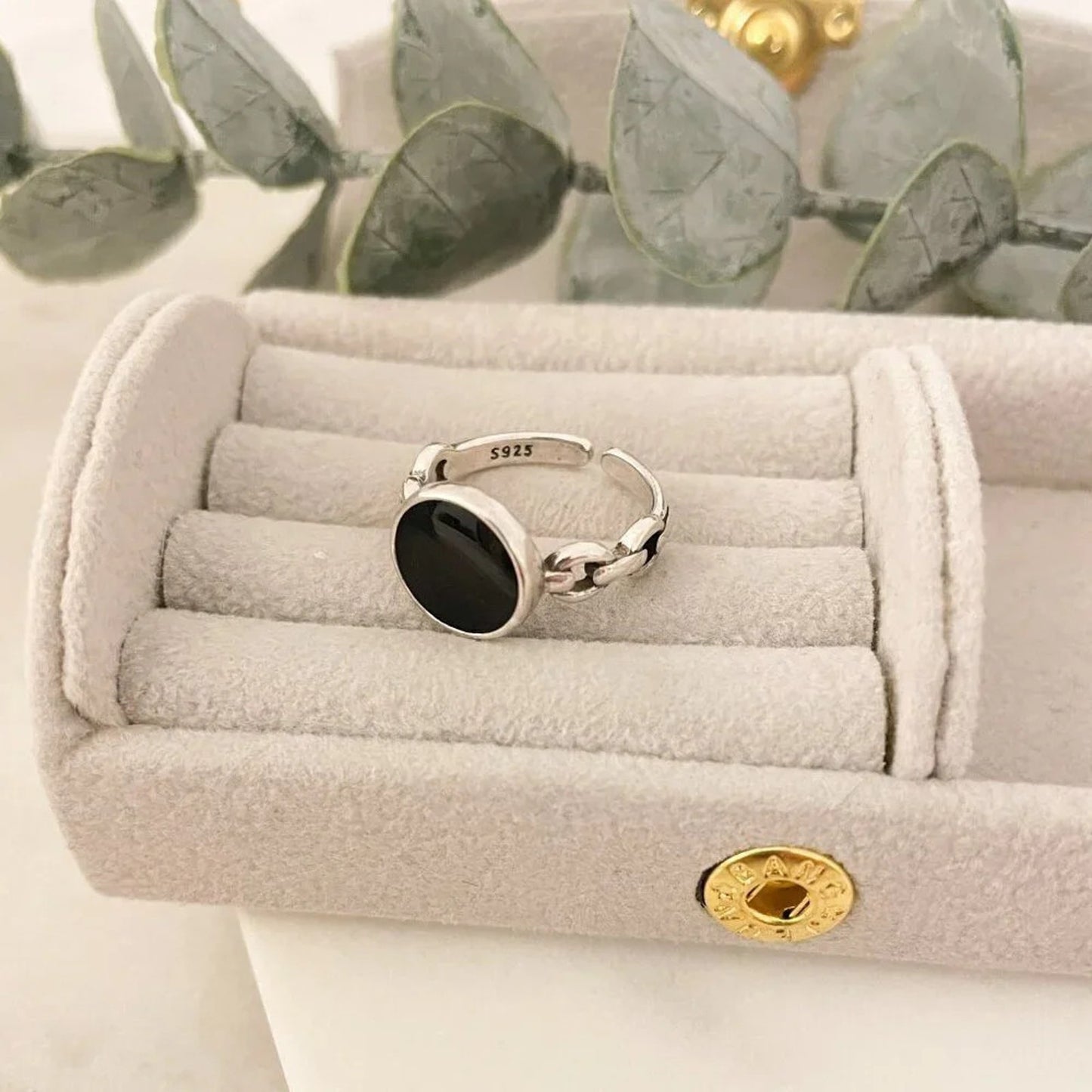 925 Sterling Silver Black Circle Ring Curb Chain Ring Band Minimalist Ring