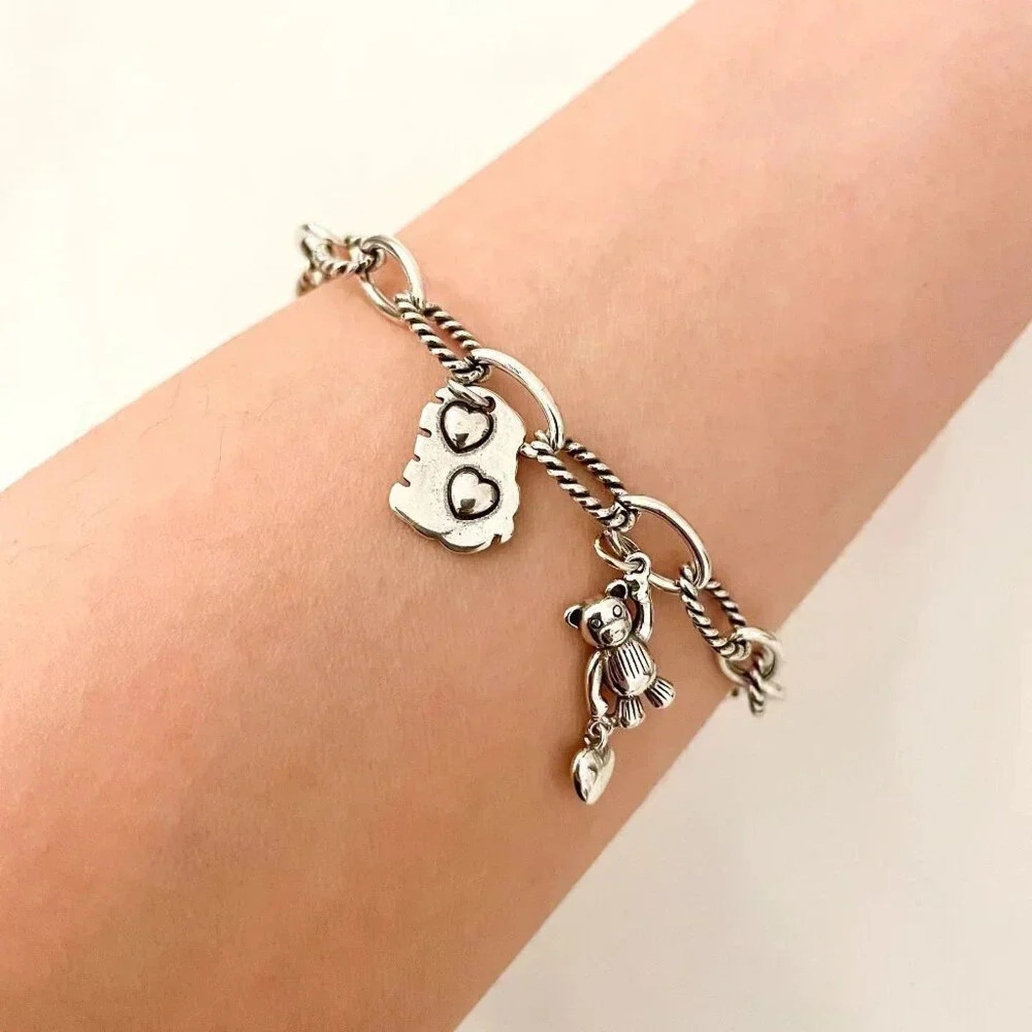 925 Sterling Silver Bear Bracelet Heart Charm Bracelet Silver Link Bracelet