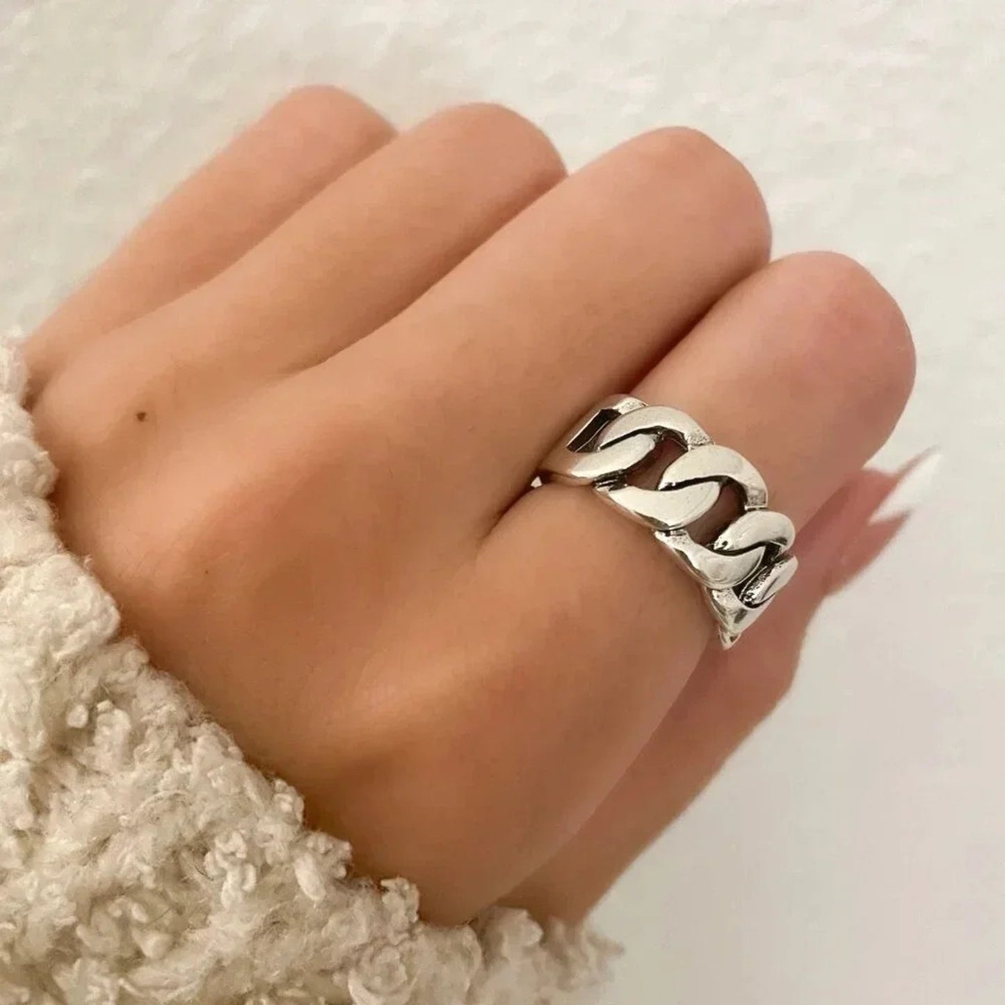 925 Sterling Silver Chunky Chain Link Ring Minimalist Curb Chain Ring