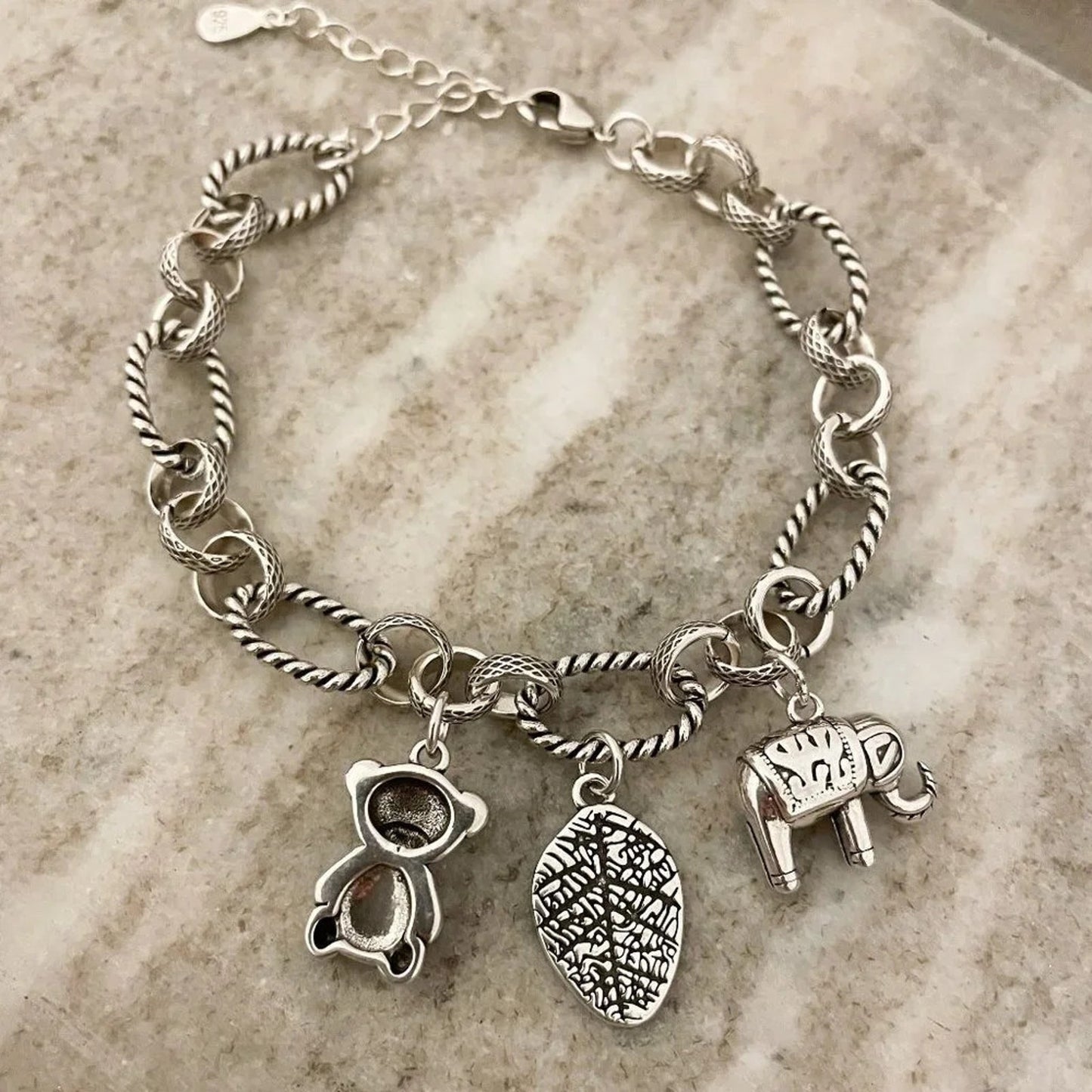 925 Sterling Silver Elephant Bear Leaf Charm Bracelet Chain Link Bracelet