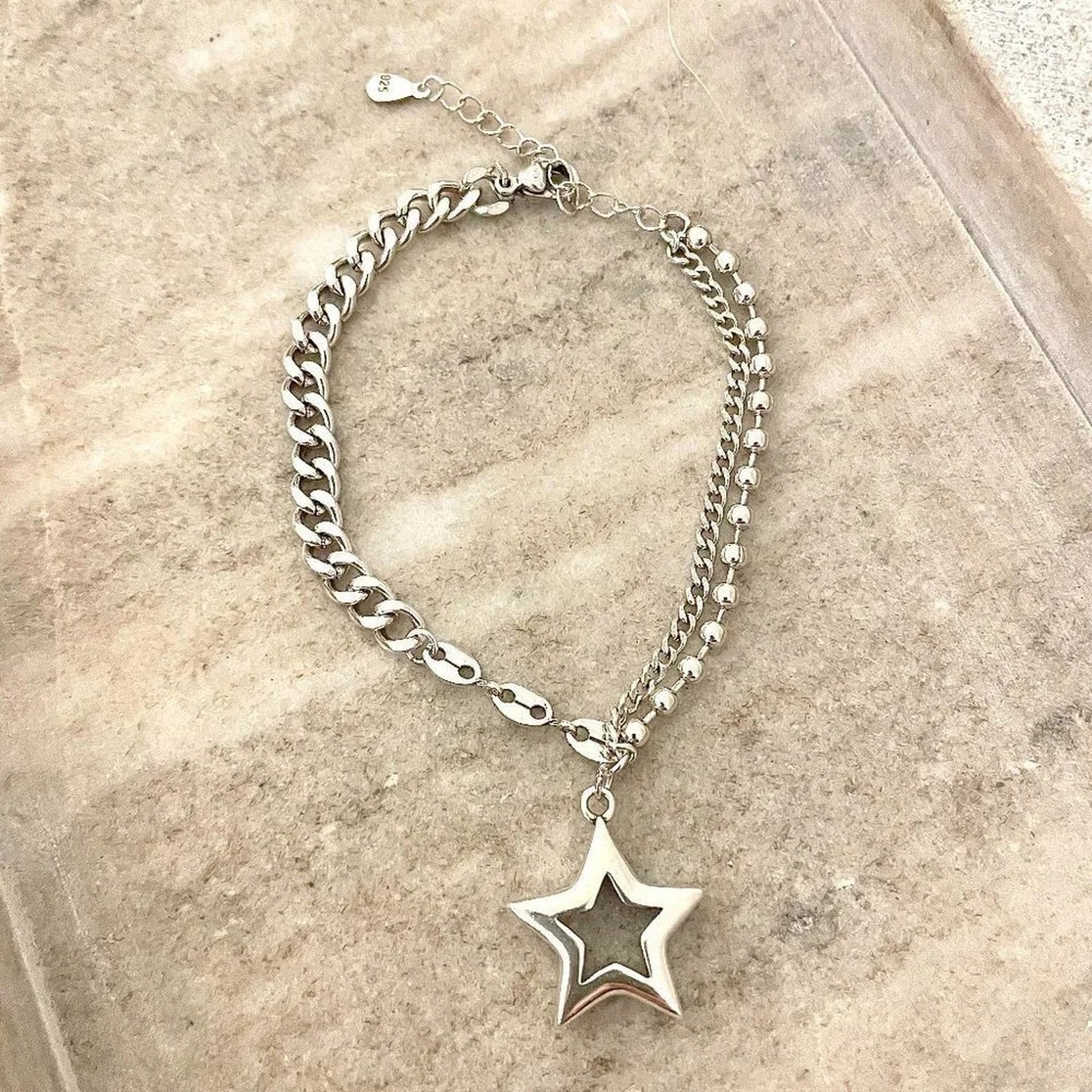 925 Sterling Silver Chunky Star Bracelet Link Bracelet Modern Statement Bracelet