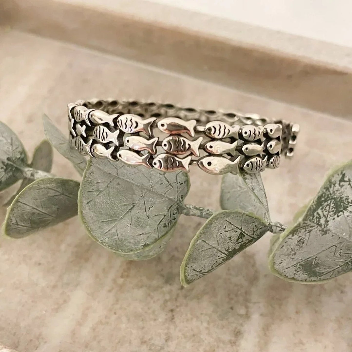 925 Sterling Silver Cuff Bracelet School of Fish Bracelet Silver Bangle Bracelet