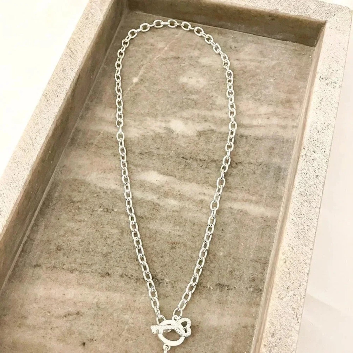 925 Sterling Silver Chunky Heart Necklace Heart and Key Toggle Chain Necklace