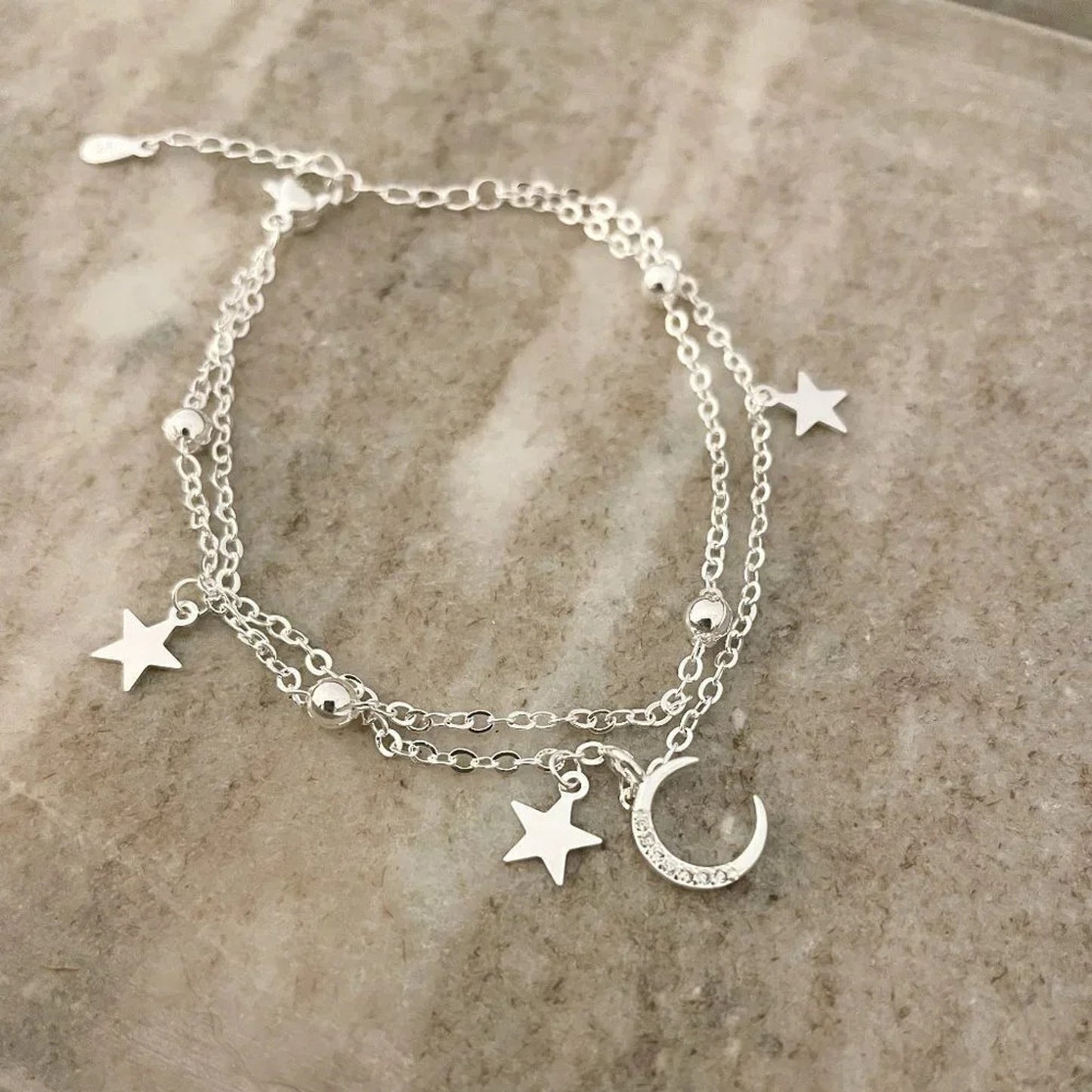 925 Sterling Silver Multi-Layer Bracelet Dainty Moon and Star Bracelet