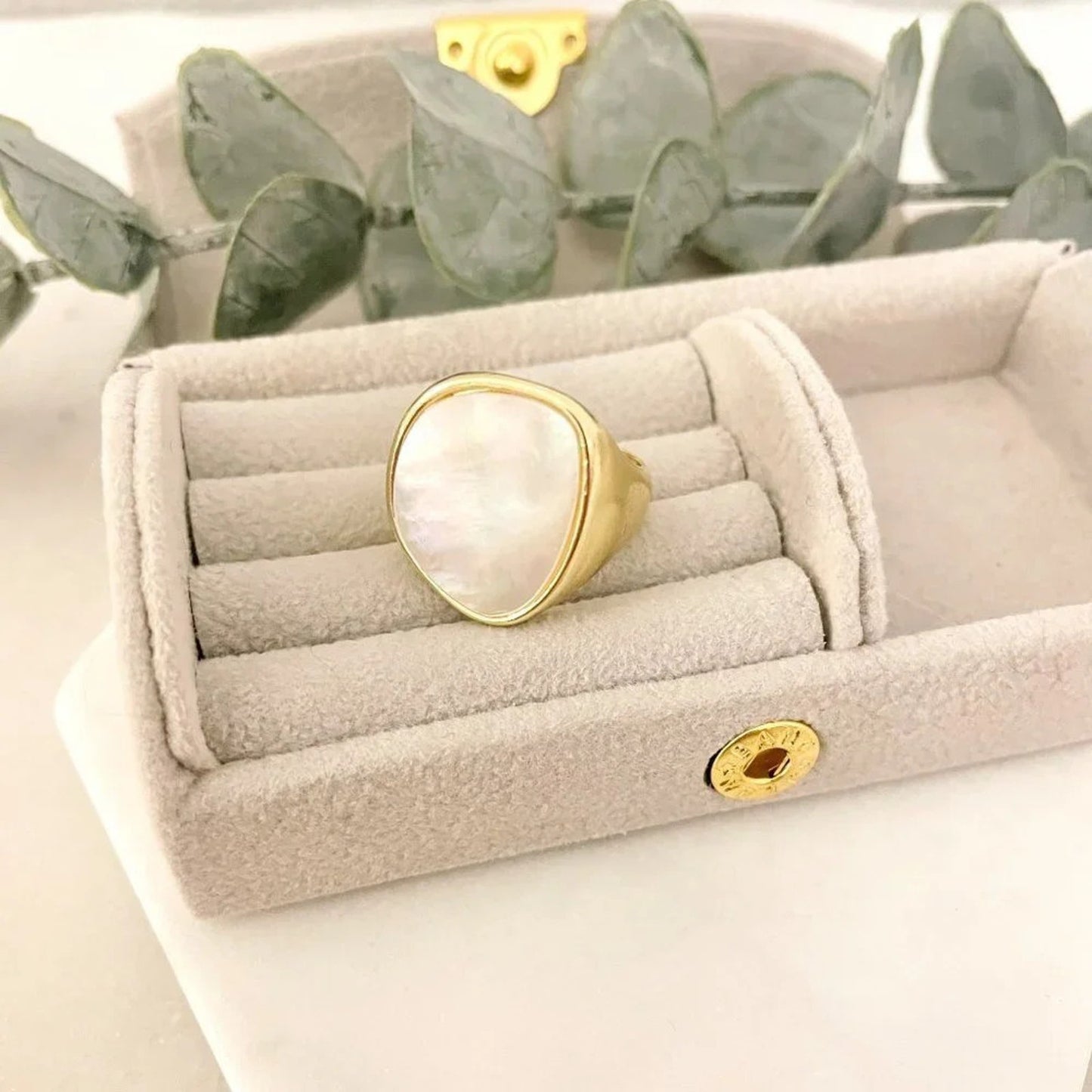 925 Sterling Silver Chunky Mother of Pearl Gold Statement Ring Thick Large Ring