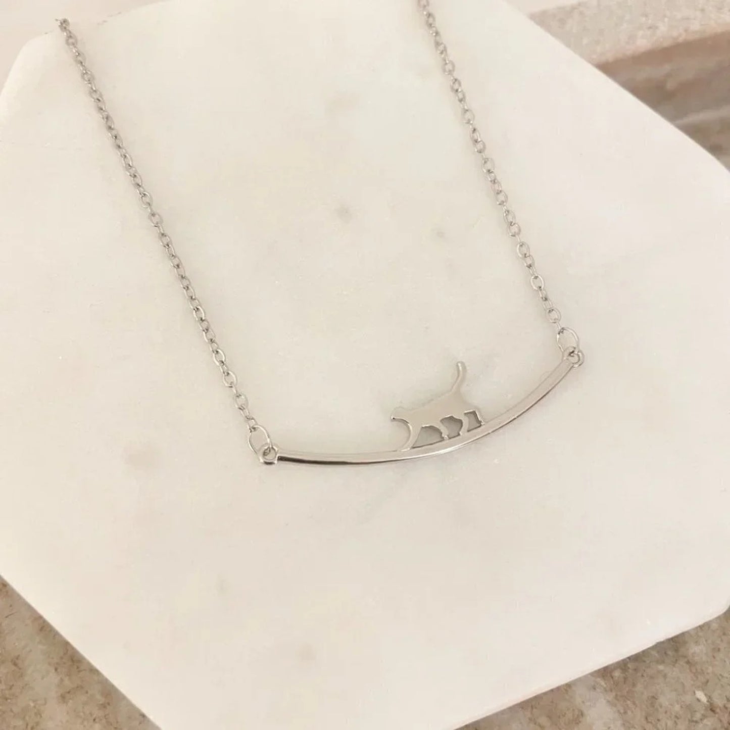 925 Sterling Silver Cat Bar Necklace Curve Bar Necklace Dainty Kitty Necklace