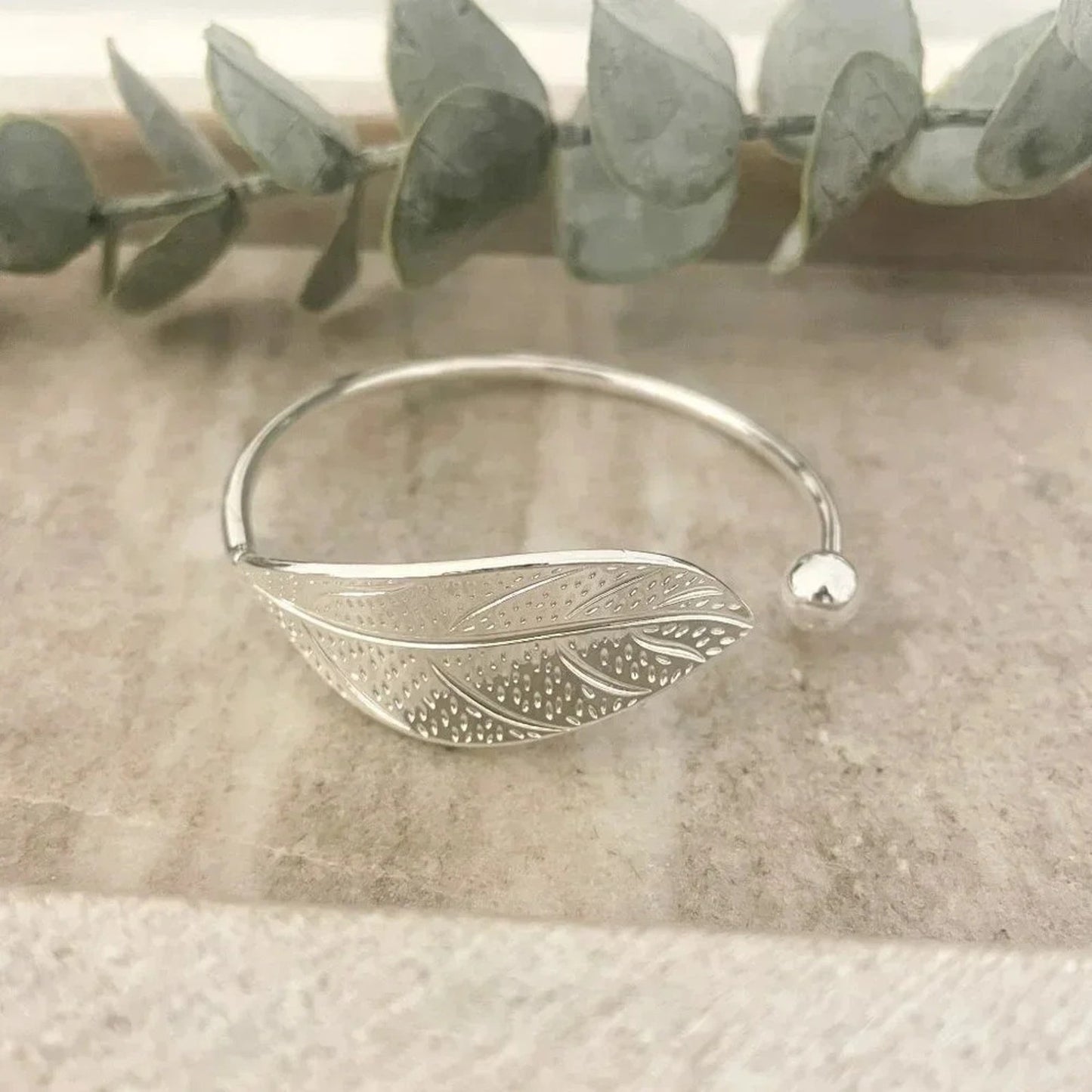 925 Sterling Silver Leaf Bracelet Adjustable Bangle Cuff Statement Bracelet