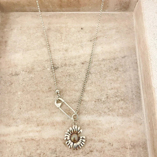 925 Sterling Silver Sunflower Necklace Modern Flower Necklace Paperclip Necklace