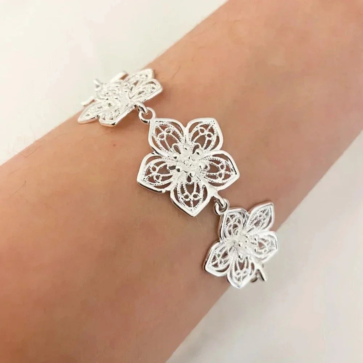 925 Sterling Silver Large Flower Bracelet Big Statement Bracelet