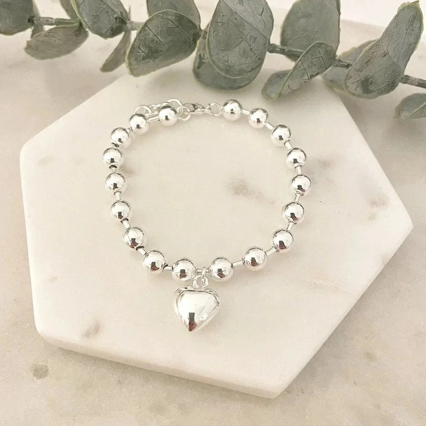 925 Sterling Silver Bead Bracelet Thick Chunky Heart Bracelet Dangle Heart Charm