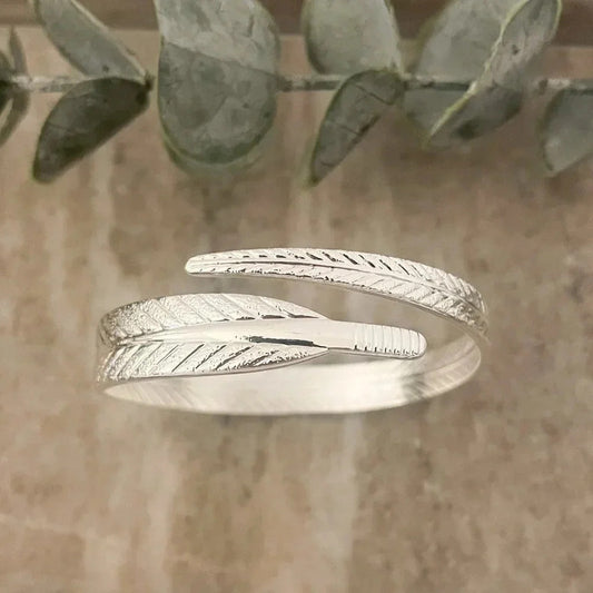 925 Sterling Silver Feather Wrap Bracelet Chunky Wide Large Statement Bracelet