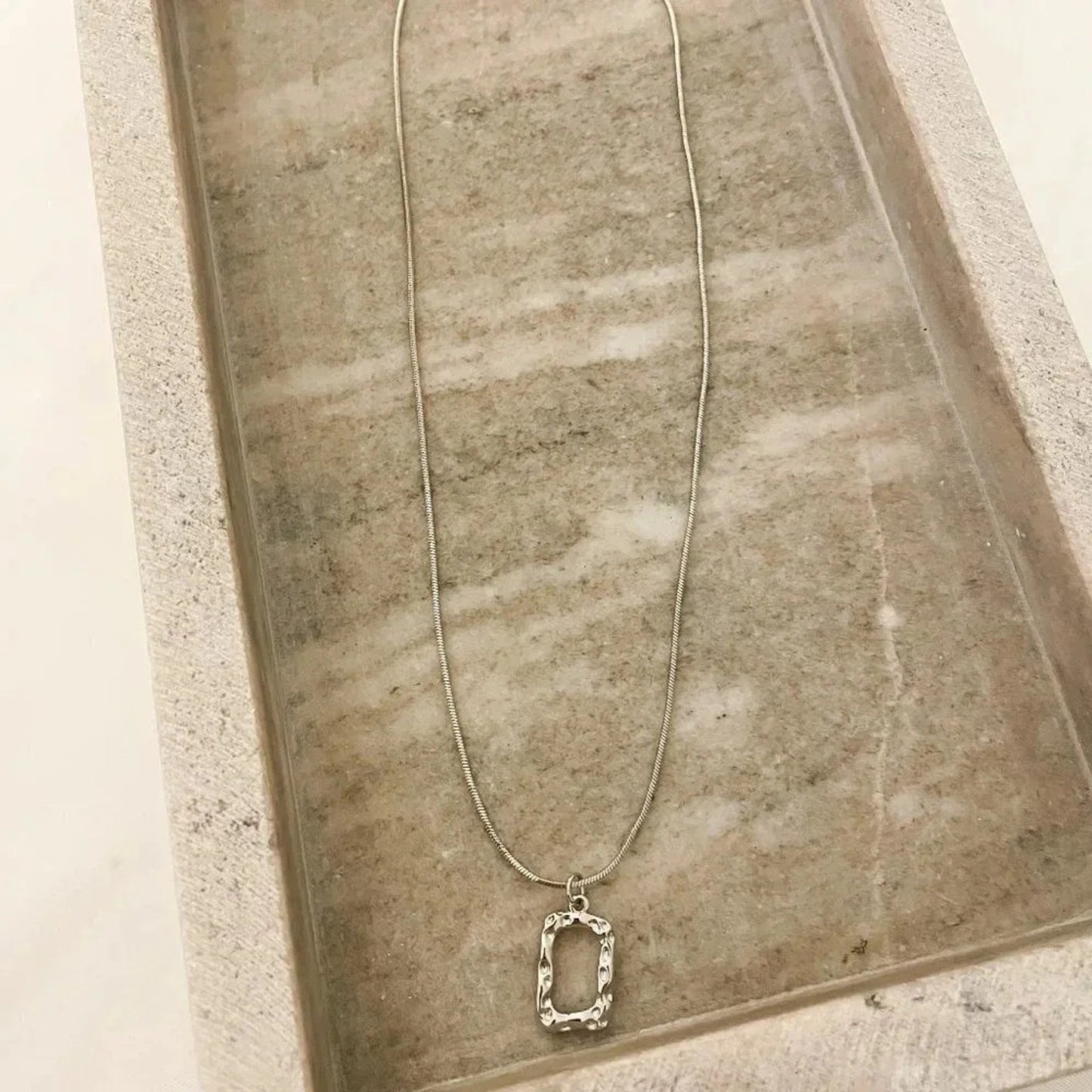 925 Sterling Silver Necklace Set Geometric Textured Square Pendant Sequin Chain
