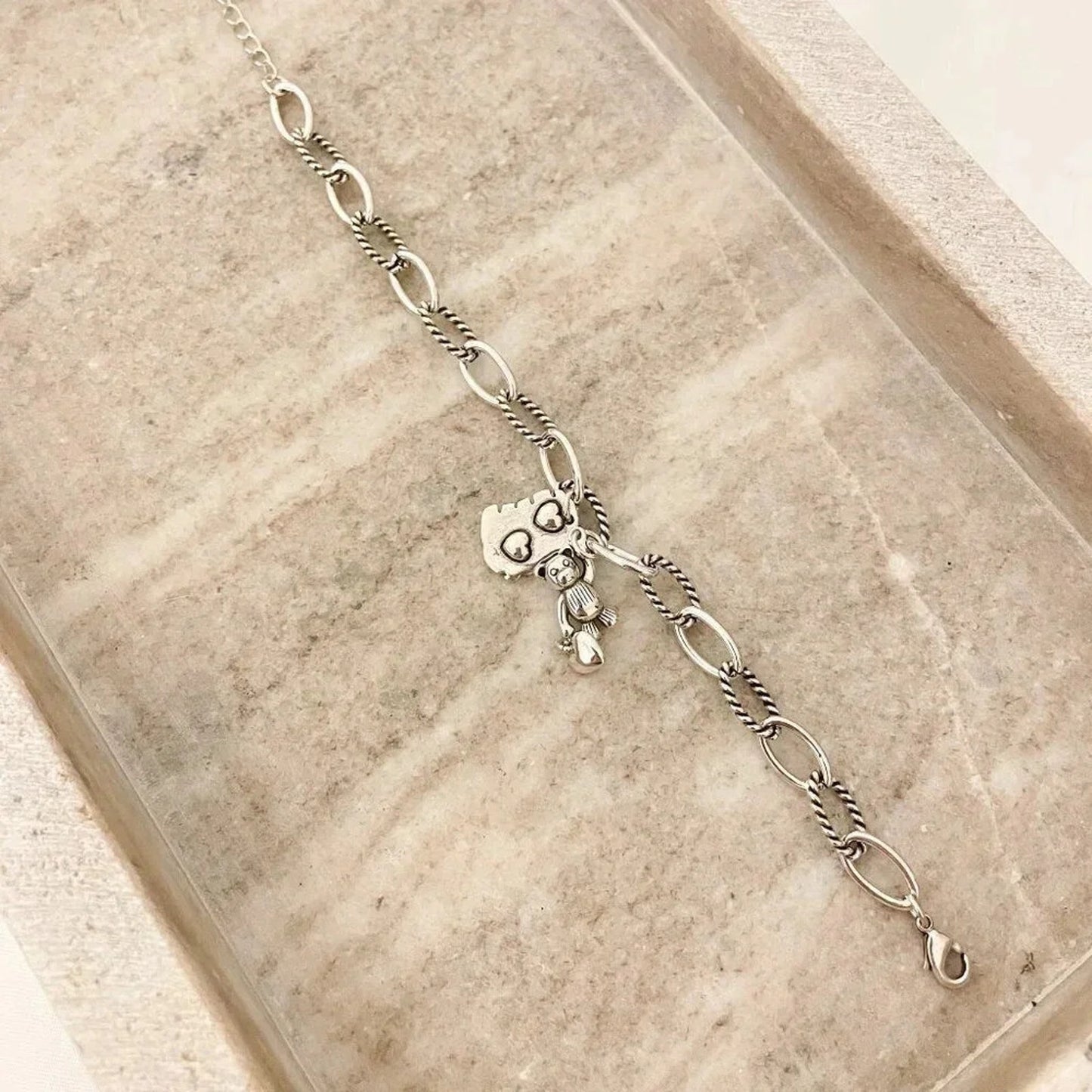 925 Sterling Silver Bear Bracelet Heart Charm Bracelet Silver Link Bracelet