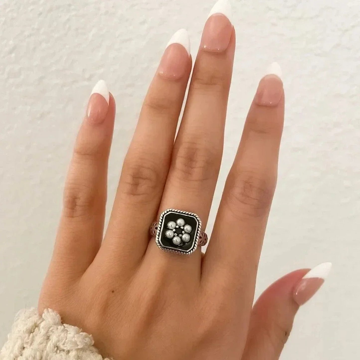 925 Sterling Silver Chunky Ring Statement Ring Pearl Ring Pearl Flower Ring