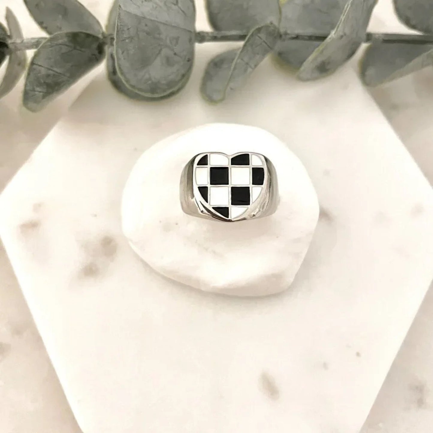 925 Sterling Silver Black & White Checkered Ring Heart Ring