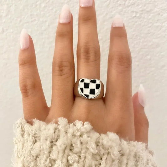 925 Sterling Silver Black & White Checkered Ring Heart Ring