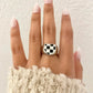 925 Sterling Silver Black & White Checkered Ring Heart Ring