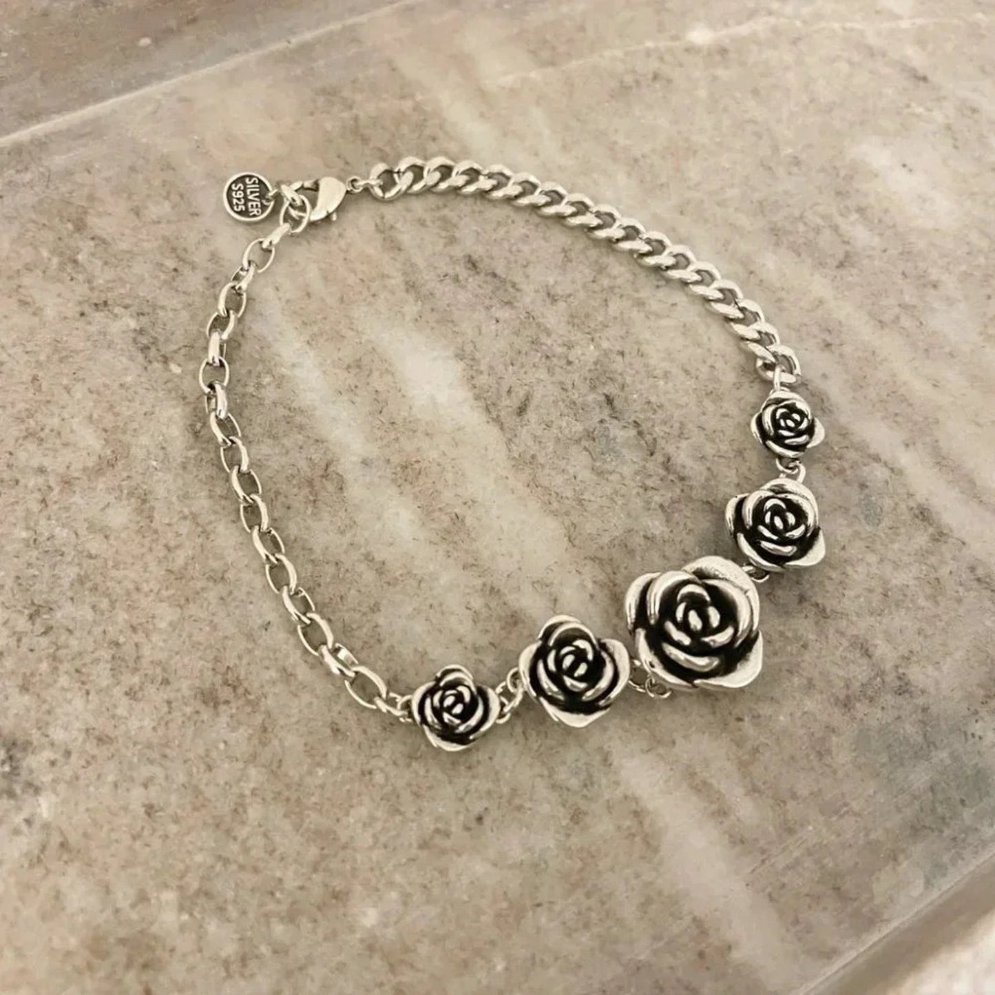 925 Sterling Silver Vintage Rose Bracelet Chain Link Bracelet Flower Bracelet