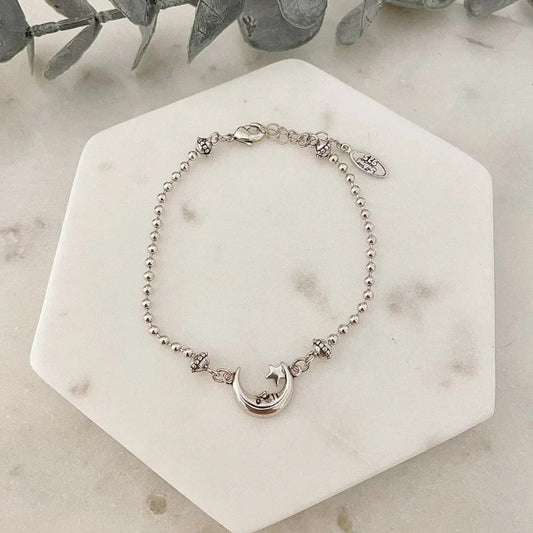 925 Sterling Silver Moon & Star Bracelet Dainty Bracelet Beaded Bracelet