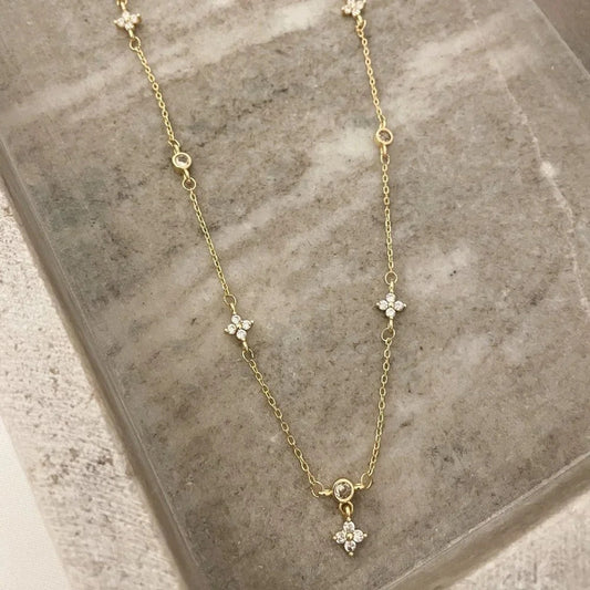 925 Sterling Silver Dainty Flower Crystal Necklace Delicate Minimalist Necklace