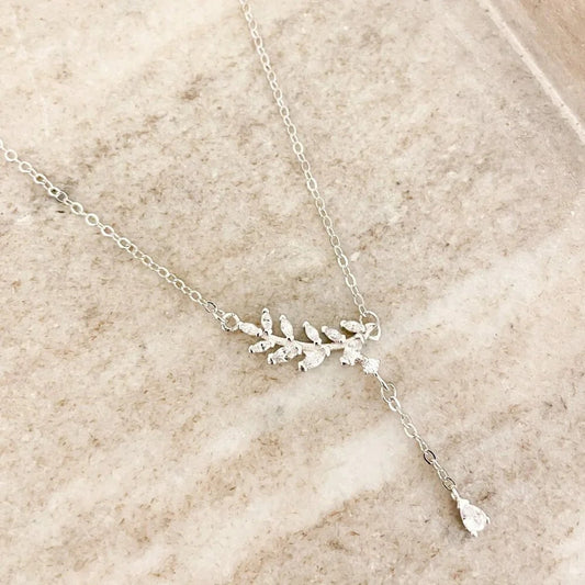 925 Sterling Silver Dainty Diamond Necklace CZ Leaf Necklace Twig Necklace