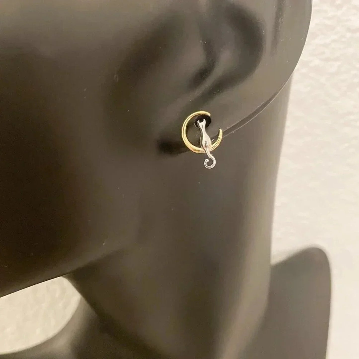 925 Sterling Silver Tiny Cat Studs Two Tone Earrings Cat Studs Moon & Cat