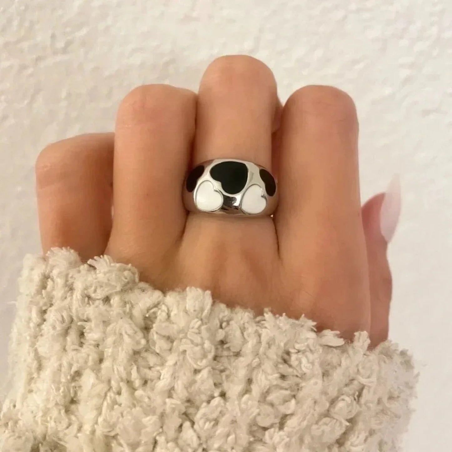 925 Sterling Silver Heart Ring Black & White Heart Ring Geometric Ring Band