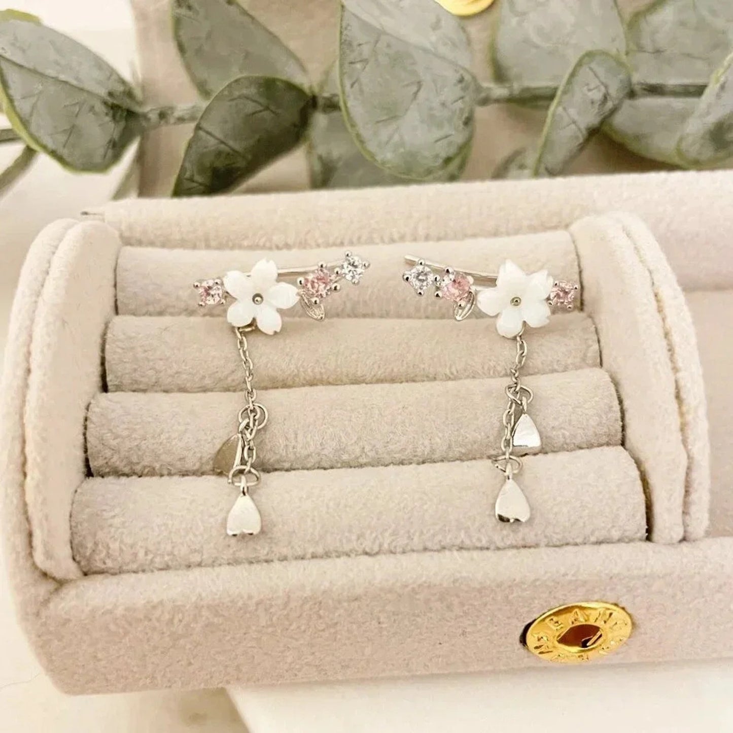 925 Sterling Silver Cherry Blossom Earrings Dangle Flower Petal Drop Earrings