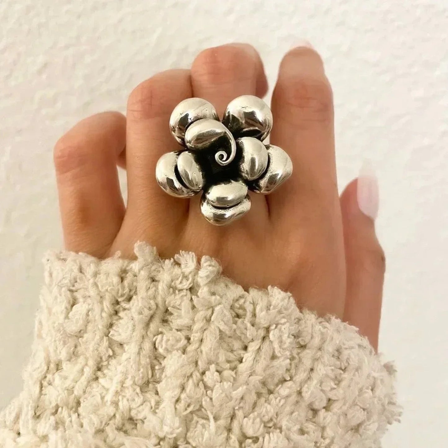 925 Sterling Silver Oversized Chunky Flower Ring Bold Statement Ring Huge Ring