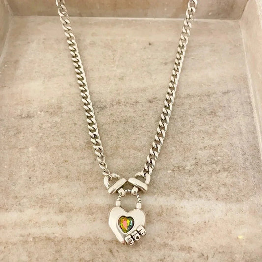 925 Sterling Silver Curb Chain Link Necklace Heart Necklace Heart Lock Chain