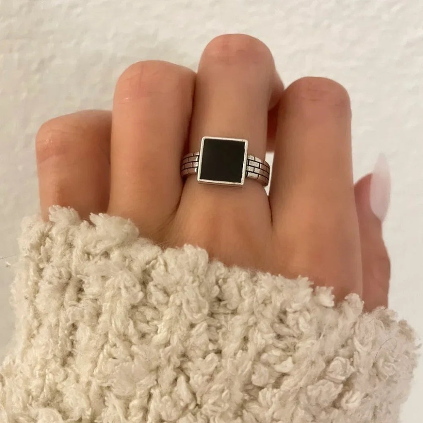925 Sterling Silver Dainty Black Square Ring Minimalist Stackable Ring