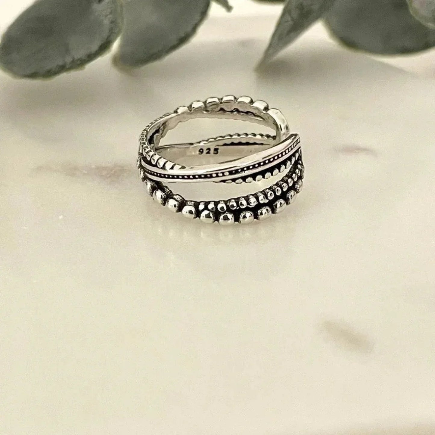 925 Sterling Silver Minimalist Twist Bead Ring Stackable Dainty Ring