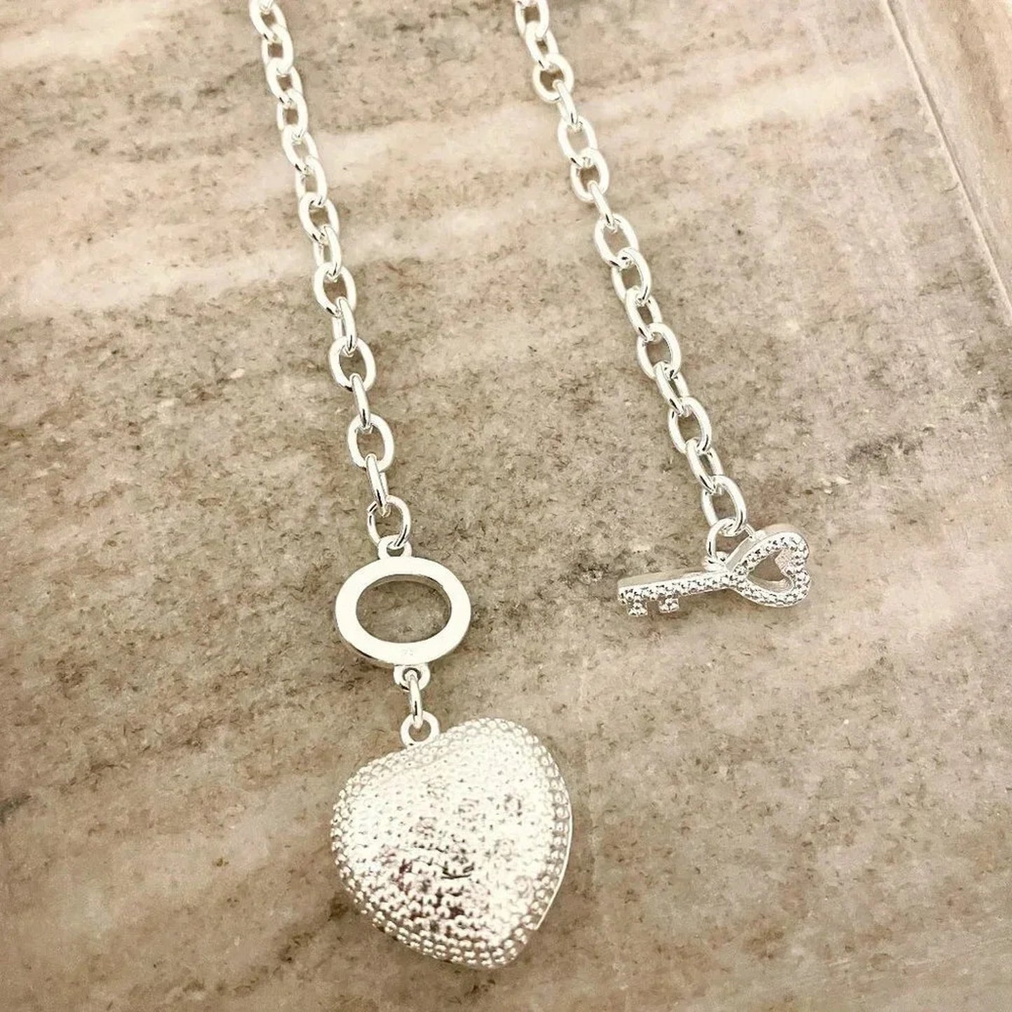 925 Sterling Silver Chunky Heart Necklace Heart and Key Toggle Chain Necklace