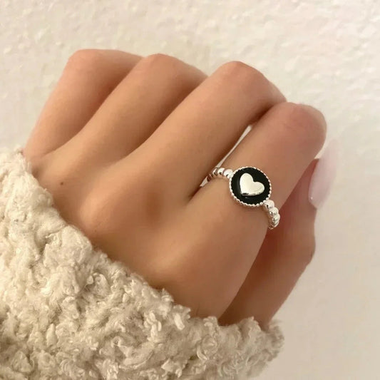 925 Sterling Silver Minimalist Black Heart Ring Dainty Heart Bead Ring