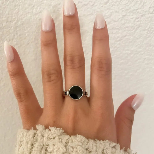 925 Sterling Silver Black Circle Ring Curb Chain Ring Band Minimalist Ring